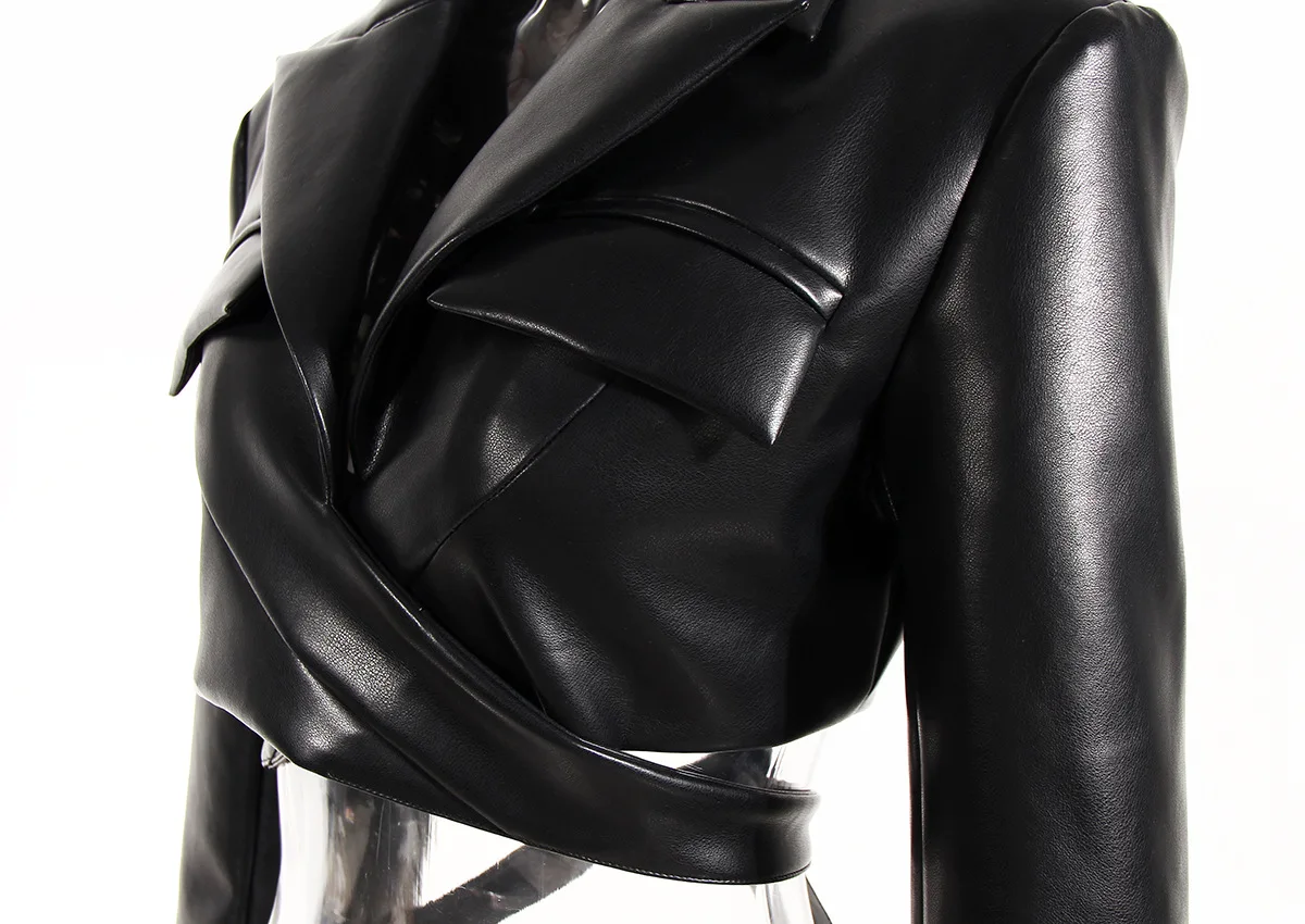 Chaqueta de cuero PU a la moda, abrigo para mujer, ropa de calle, tendencia, cuello de solapa, ajustado, cruzado, con cordones en la cintura, abrigos cortos de manga larga, ropa