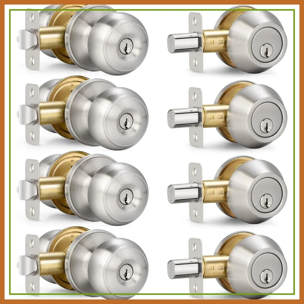 

4 Sets Entry Door Knob and Single Cylinder Deadbolt Combo, Keyed Alike Round Ball Satin Nickel Exterior Door Knobs with Lock and Keys