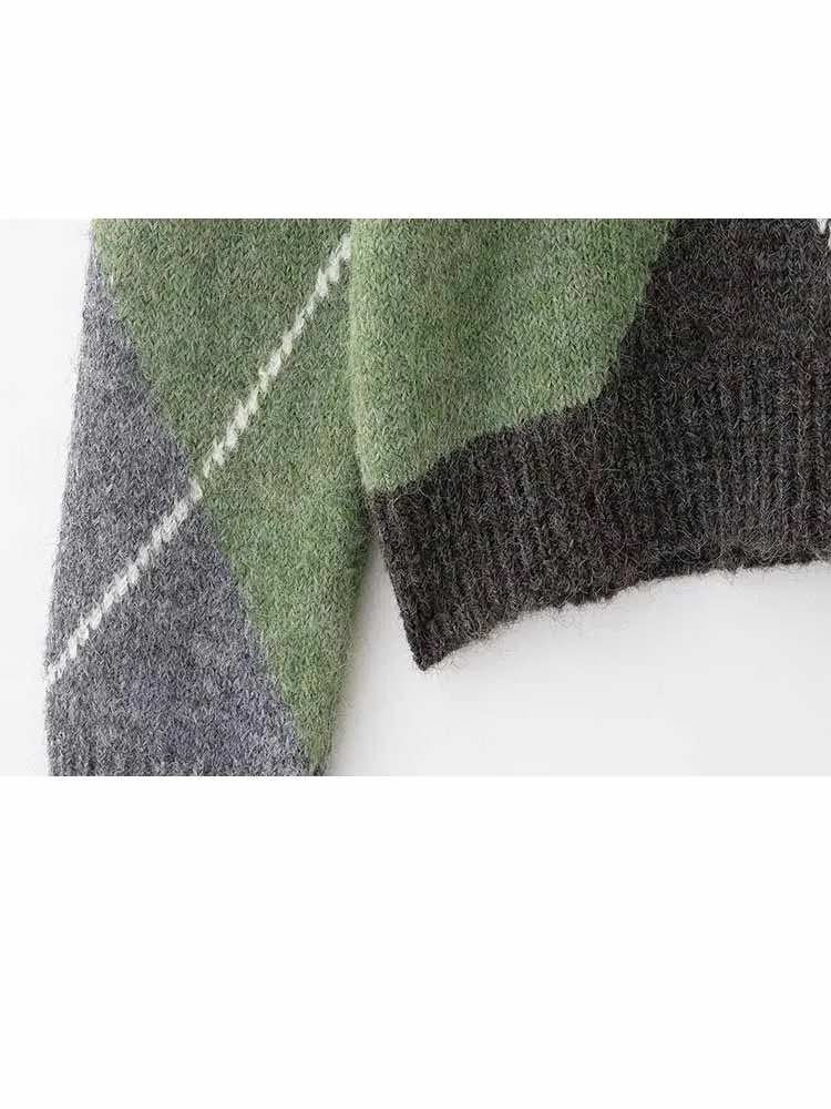 

HH Woman Winter New Fashion Warm Long Sleeves V Neck Diamond-Shaped Pattern Pullover Sweater Female Temperament Slim Knitted Top