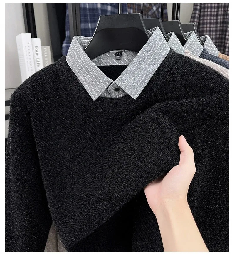 Hochwertiger, warmer Plüsch-Strickpullover für Herren, Herbst-Winter-Komfort, lässige Mode, gefälschter zweiteiliger gestreifter Hemdkragen-Pullover – Detail 11