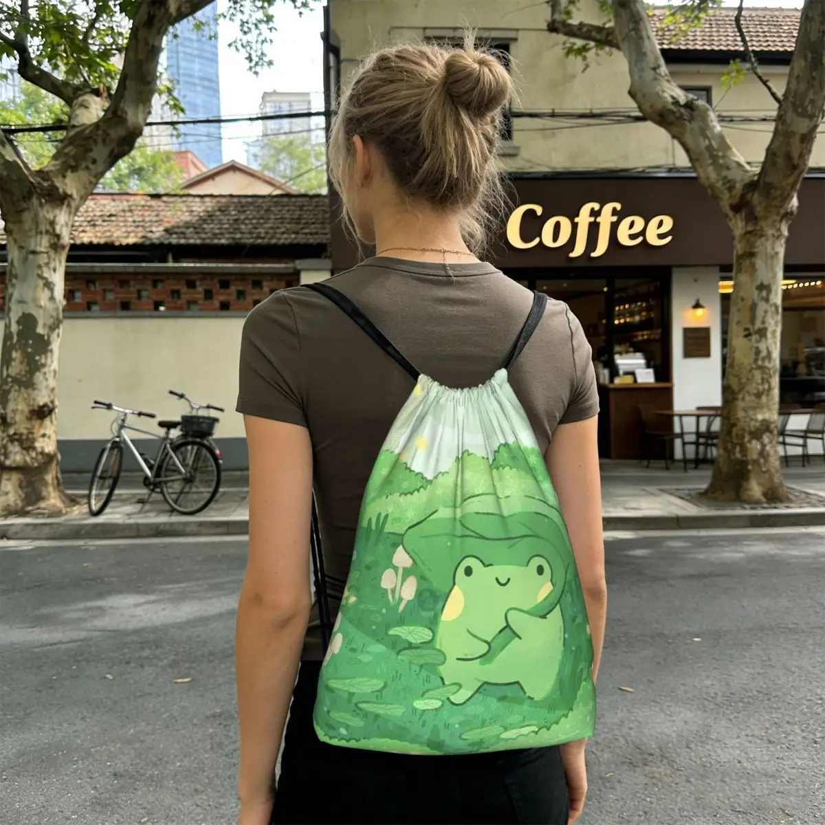 Cute Frog Under Leaf Rain Design Backpacks Multi-function Drawstring Bags Sports Bag Book Bags for Travel Students
