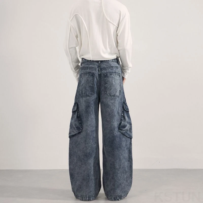 KSTUN فضفاض الجينز الرجال واسعة الساق فضفاضة تناسب منحني السراويل المتضخم الأمريكية خمر البضائع السراويل جيوب متعددة كامل طول السراويل #4