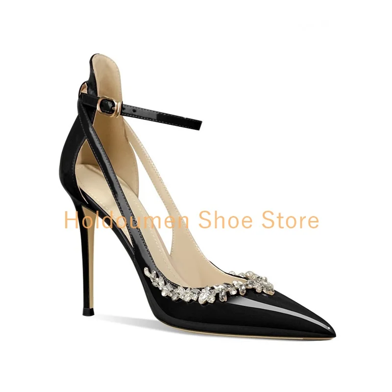 Women's Pointed Toe Diamond Decor Side Hollow Ankle Strap Tower Buckle Stiletto Sandals Summer Trendy Party Sandals Three Colors