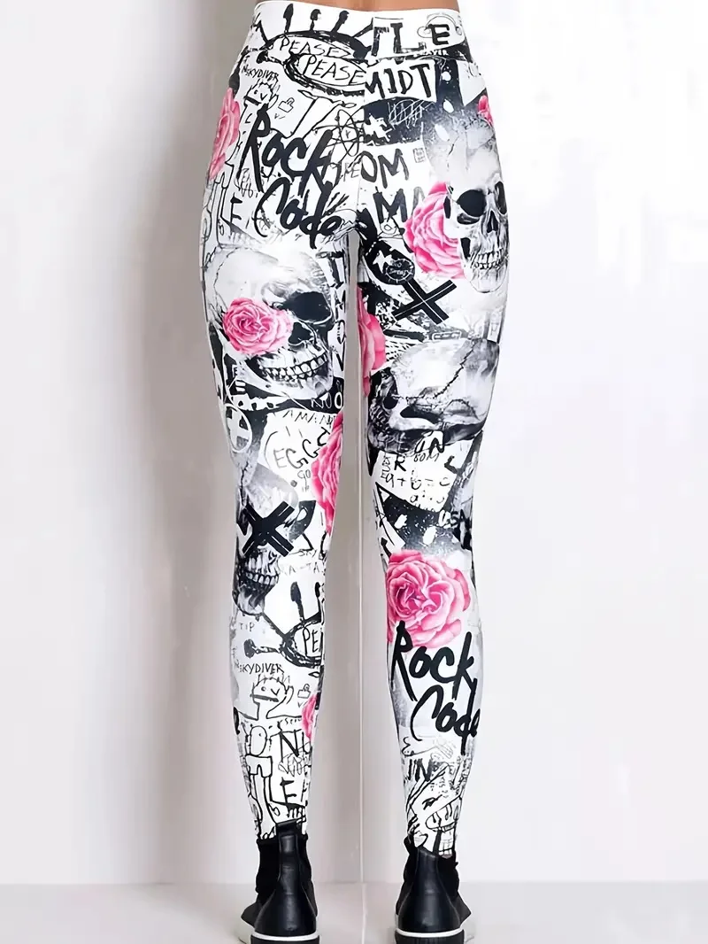 Floral & Skull print elastic elastic waist slim-fit women\'s leggings for everyday wear