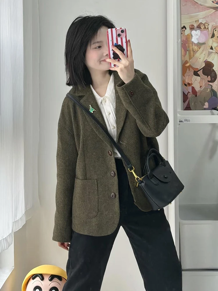 

Ретро-пиджак с отложным воротником для женщин, осенне-зимний, новый, на двух пуговицах, модная верхняя одежда