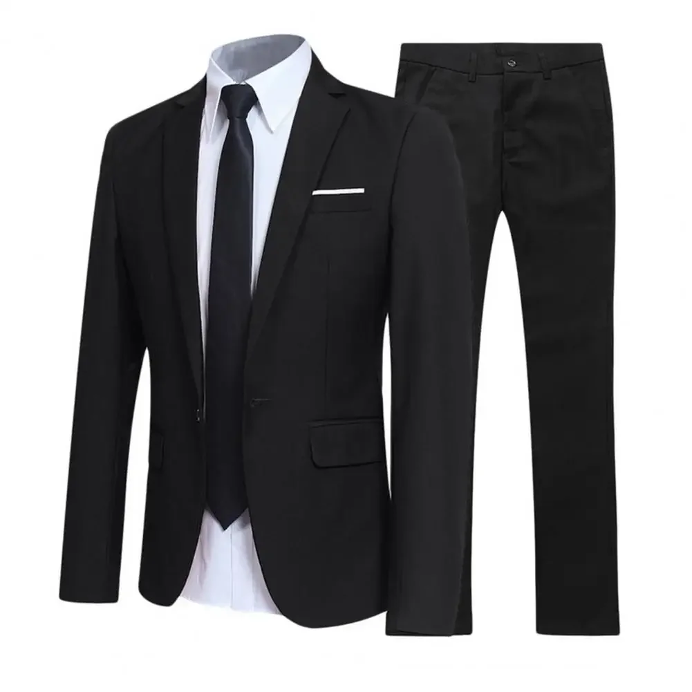 Men's Casual Business SuitSolid Color Turndown Collar Slim Fit Wedding Groom Suit Coat Blazers Trousers Suit Men's Sets