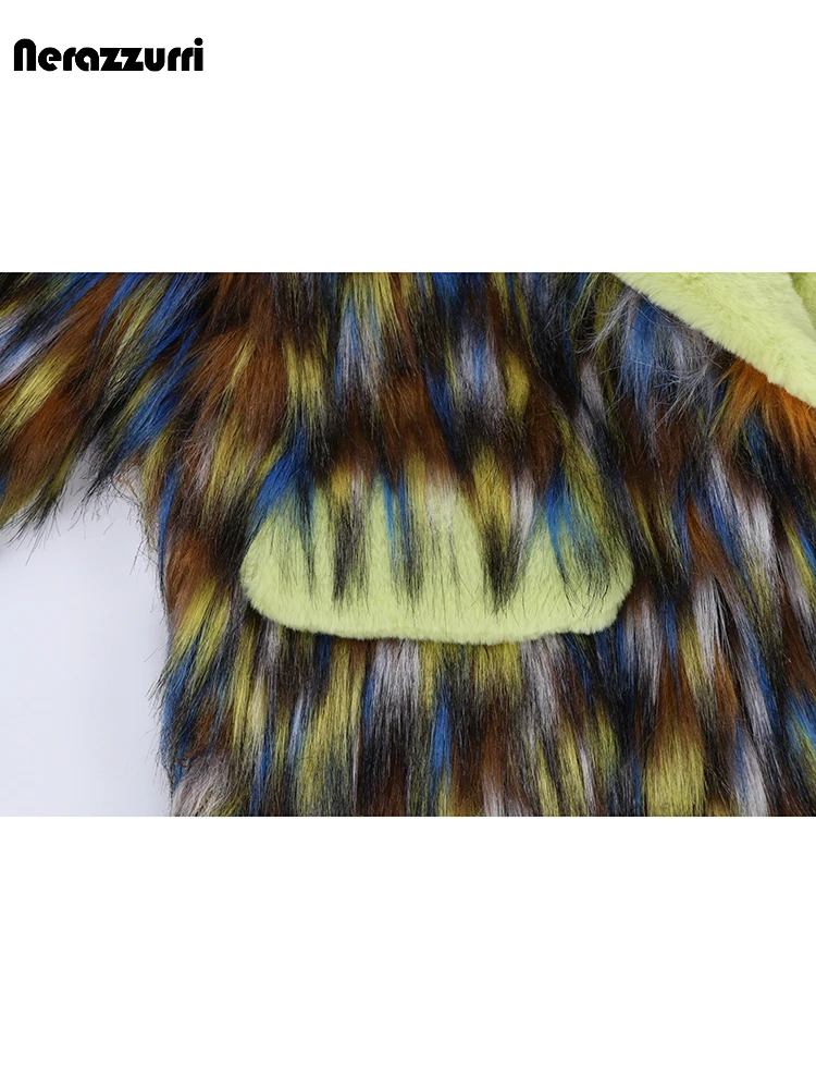 Nerazzurri Winter Long Colorful Thick Warm Colorful Hairy Shaggy Patchwork Faux Fox Fur Coat Women Fluffy Furry Overcoat 2023