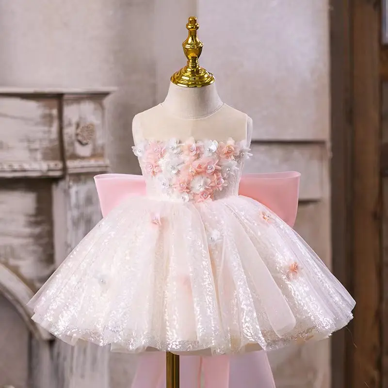 Jill Wish J548 Eleagnt Pink Flower Girl Dress Knee Length with Big Bow Princess Baby Wedding 1st Birthday Party Pageant Gown