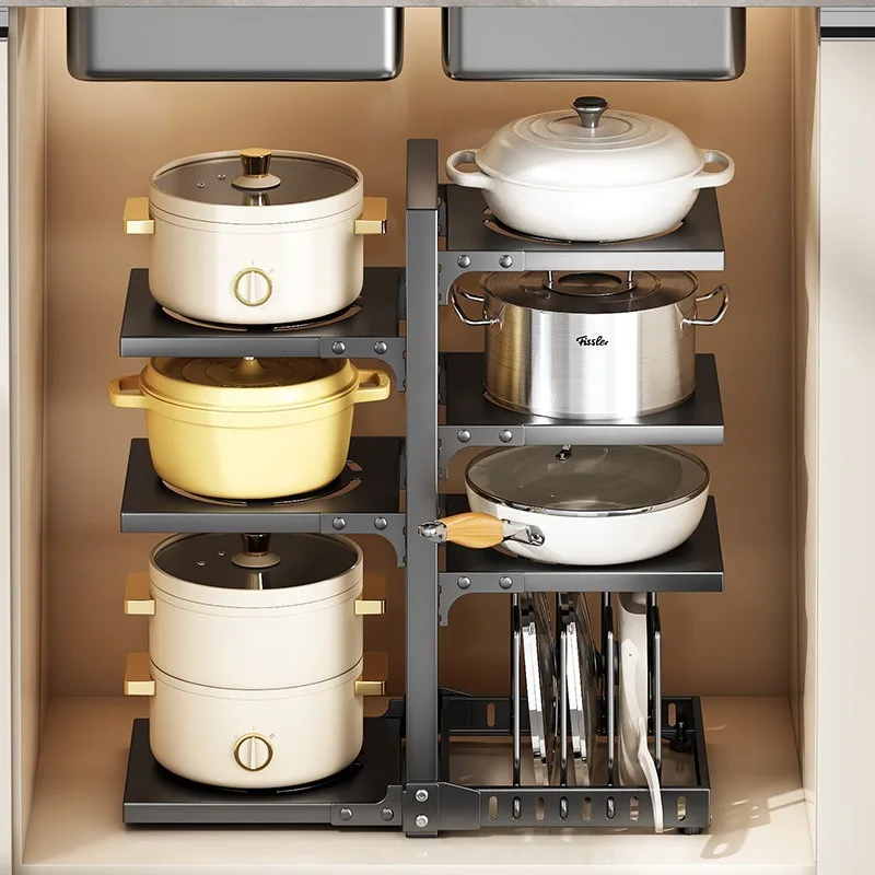 Kitchen Under-sink Pot Holder Stove Pot Lid Layering Pot Storage Rack Multi-layer Home Use Cabinet Pot Utensil Storage Organizer