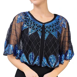 New Women's 1920s Shawl Beaded Sequin Deco Evening Cape Bolero Flapper Cover Up See-through Scalloped Hem Party Shawl Blue Red
