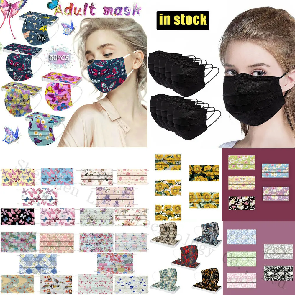 Mascarilla desechable de 3 capas para adultos, máscara con estampado de flores y mariposas, a la moda