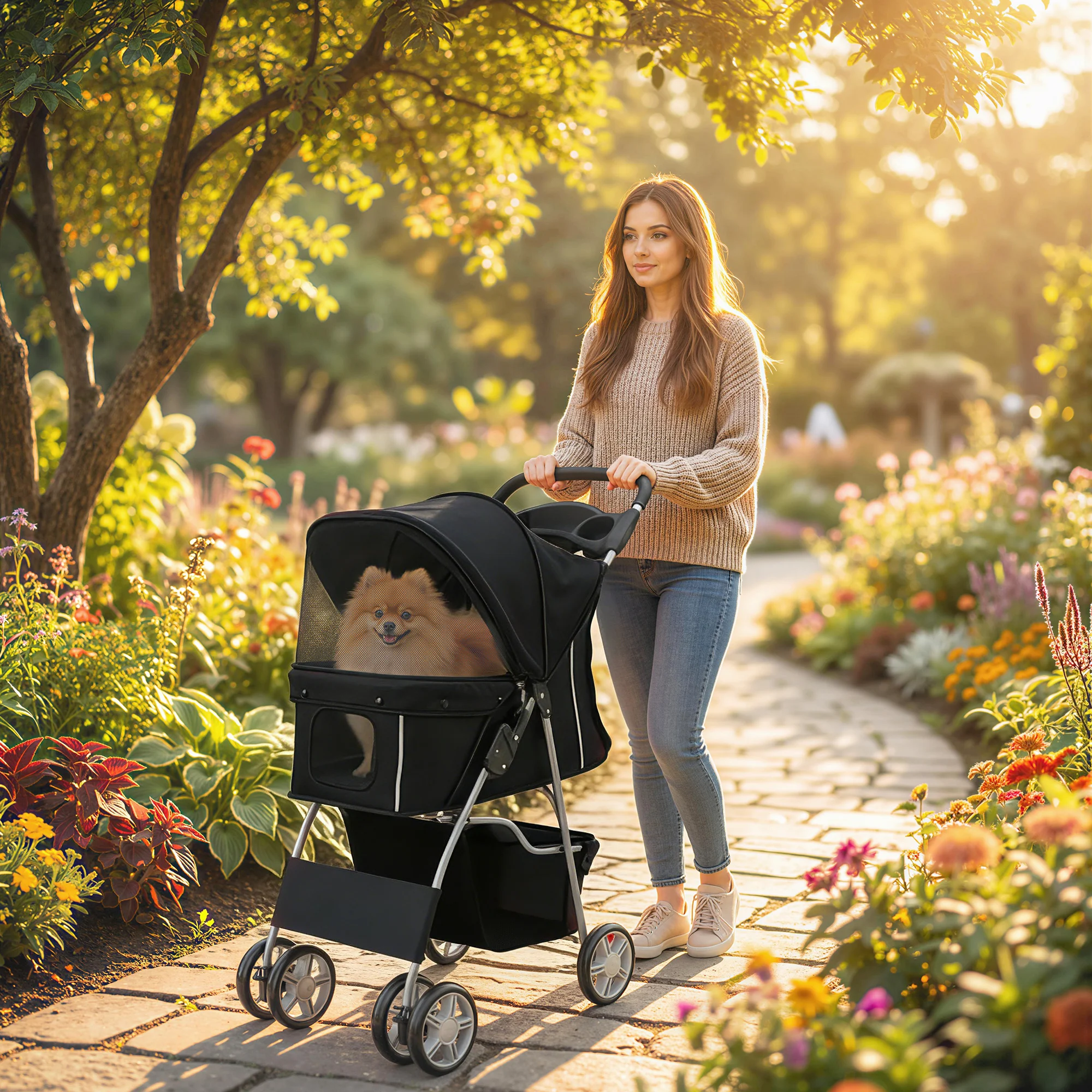 PawHut hondenkar, hondenbuggy, opvouwbare kattenkar tot 10 kg met reflecterende banden en kussen.