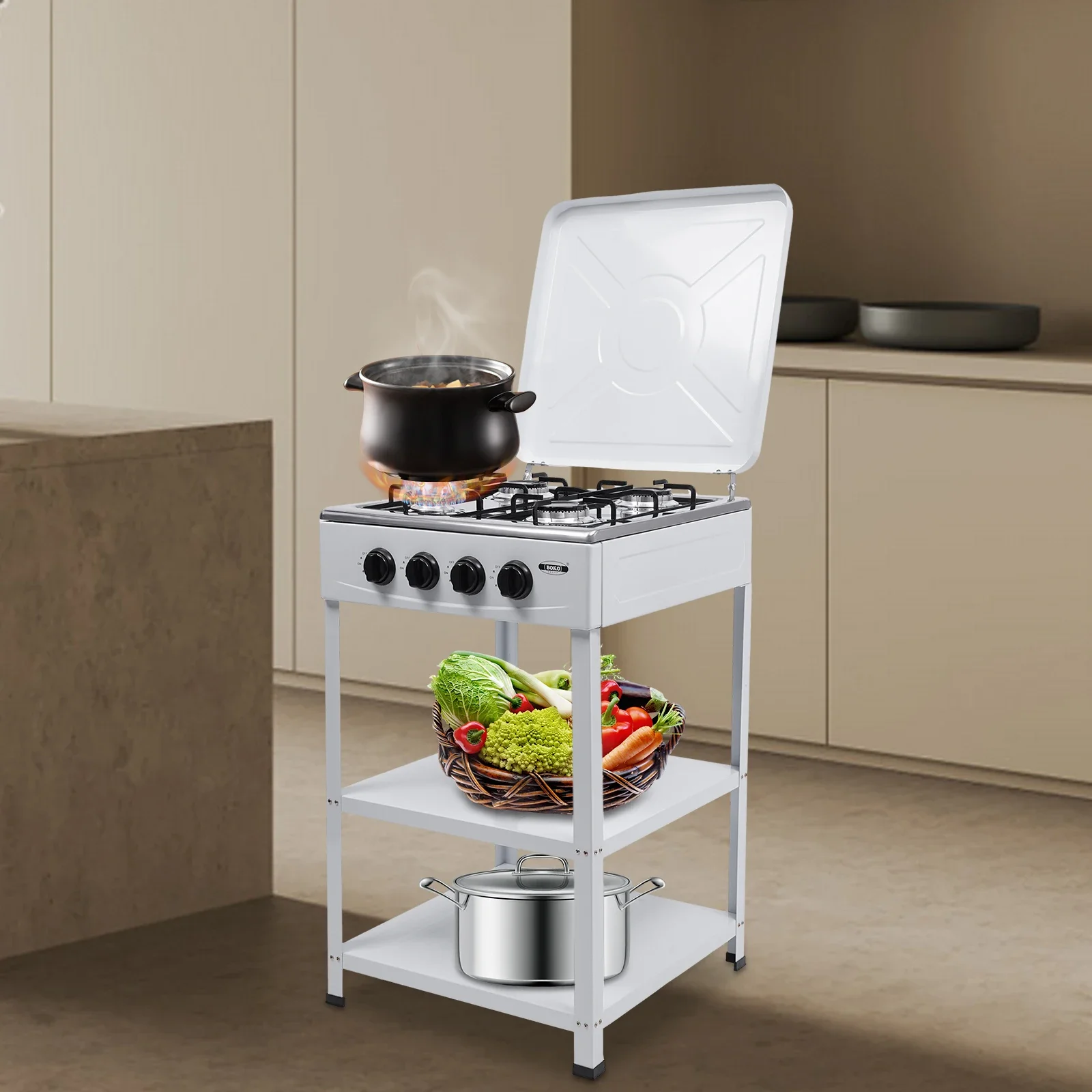 

4-Burner Gas Stove Portable Outdoor Stove W|Support Leg Stand and Wind Blocking Cover Adapter for Camping Picnic Home RV Cooking