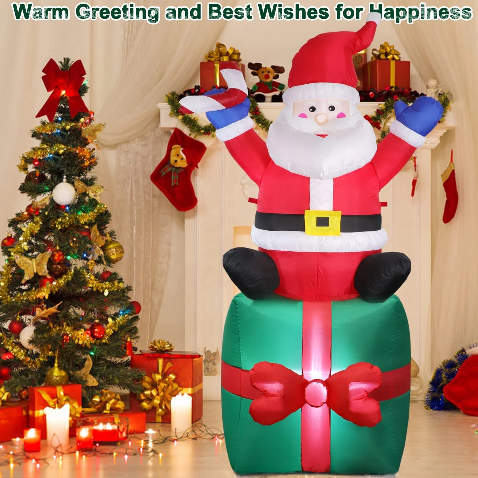 ของตกแต่งวันหยุด 6 ฟุต ของตกแต่งปาร์ตี้คริสต์มาส ของตกแต่งบ้าน ระเบียง สวน สนามหญ้า ของตกแต่งกลางแจ้ง ซานตาคลอสเป่าลมพร้อมกล่องของขวัญ