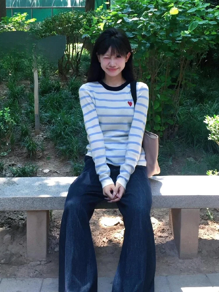 

Свитер в американскую полоску, женский осенне-зимний новый свитер, тонкий, High Street, ленивый, базовый слой, вязаный топ, милый Sle