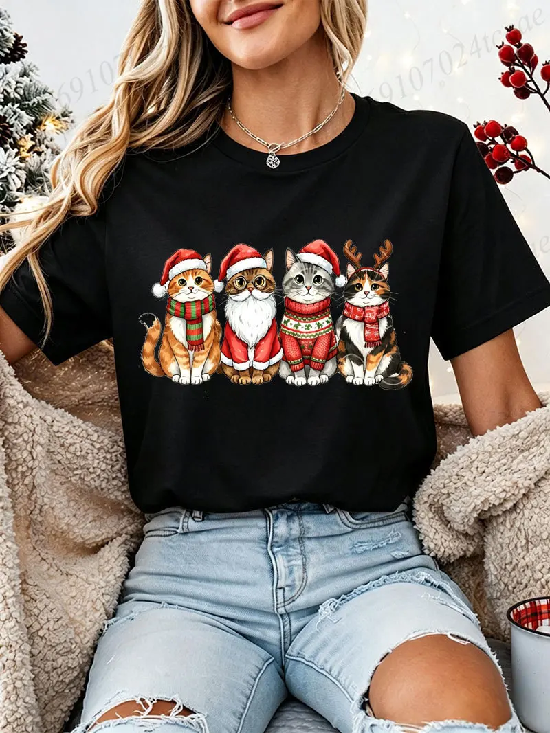 Christmas Santa Cats T‑Shirt Women Cute Pet Cat Print Tee Tshirts Family Matching Xmas Holiday Party Casual Oversized T‑shirt