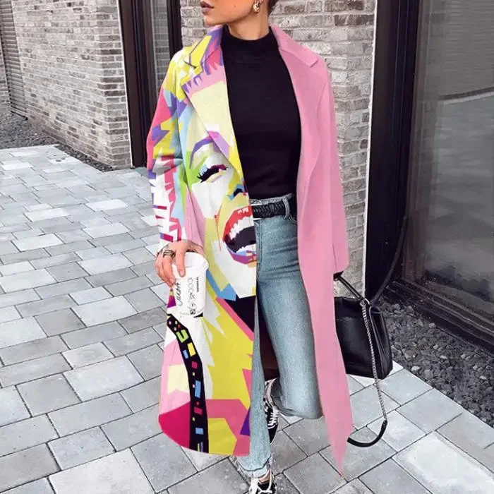 

Europe, America winter new fashion printing splicing long, coat women