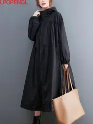 Windbreaker Women's Trench Coat 2023 New Autumn Oversized Black Casual British Style Fashion Hooded Mid-length Coat