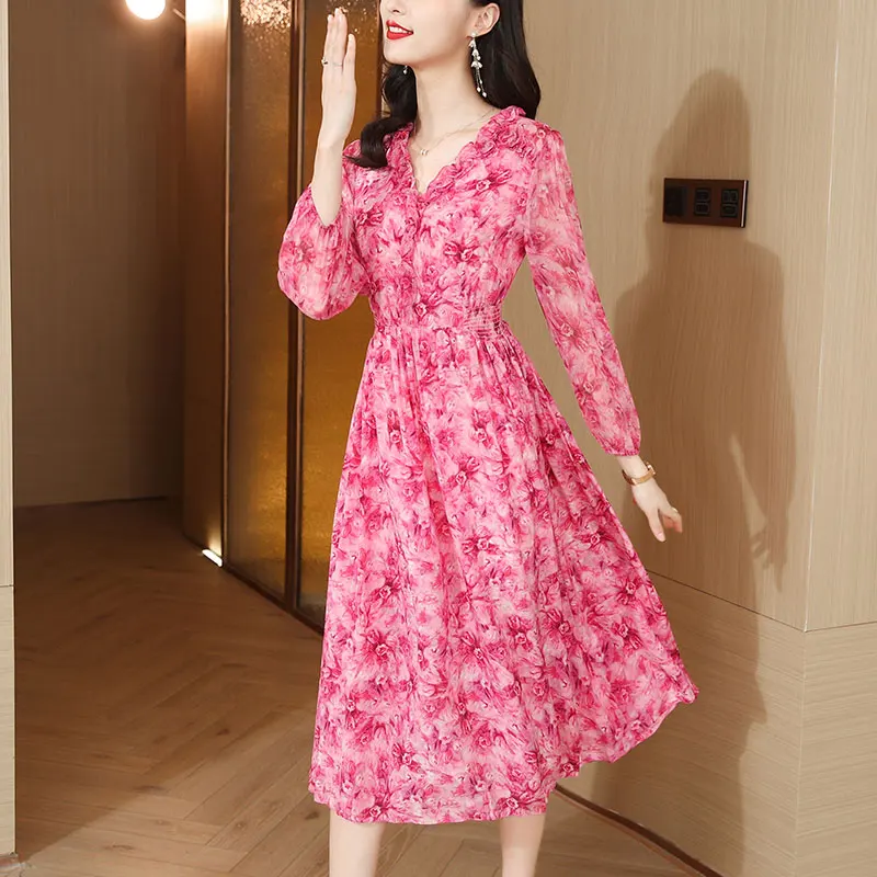 Spring/Summer 2023 New Slim Fit Pink Silk Ruffle Skirt V-Neck Long Sleeve Dress Ladies Chiffon Print Slim Knee Length Dress