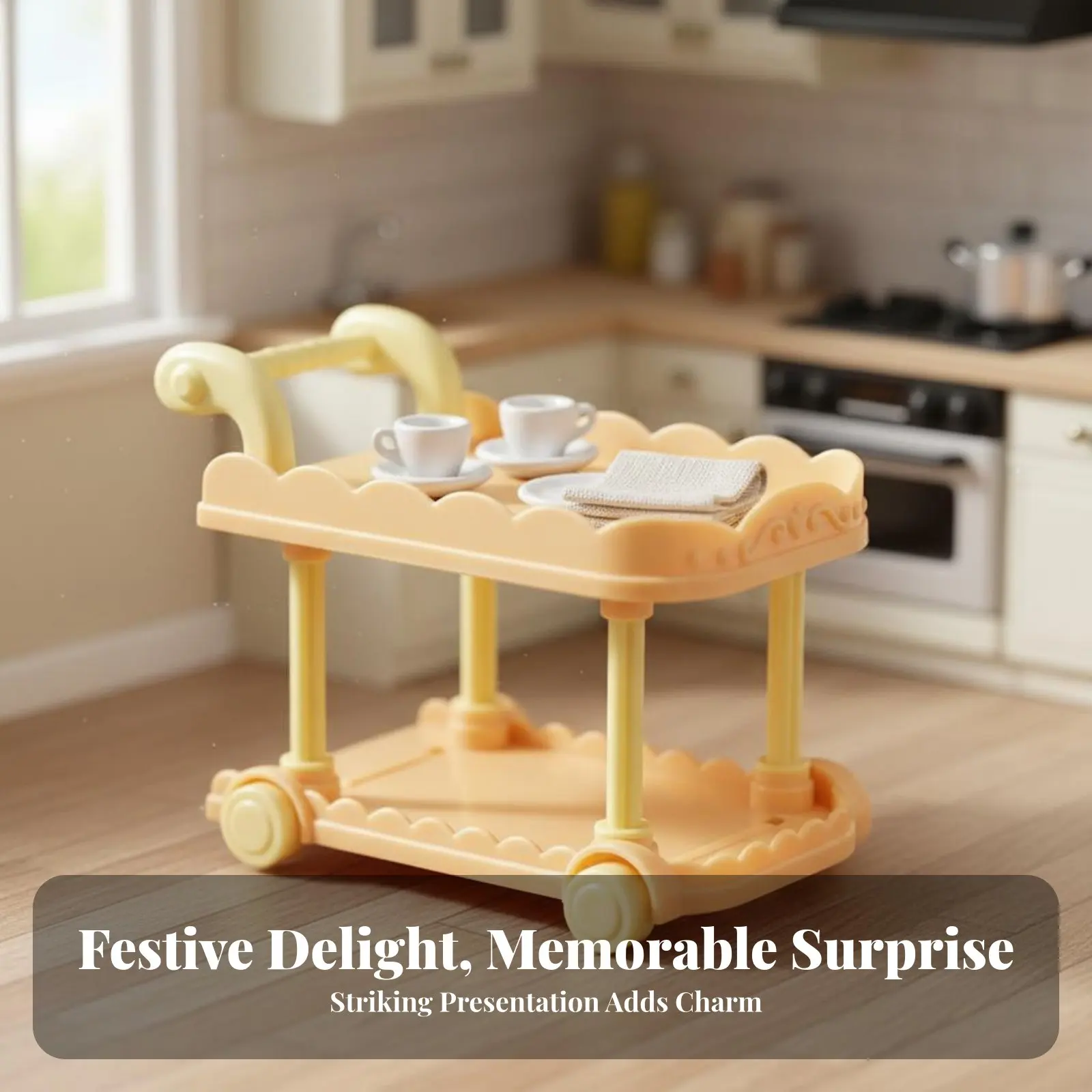 Dollhouse Food Trolley Cute Design 1:12 Scale Serving Cart Miniature Dining Cart Realistic Features Toy Kitchen Trolley