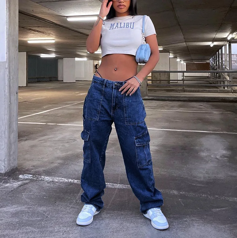 Autumn Winter New Ladies Cargo Jeans American Street Style Baggy Cargo Pants Women Blue Multi-pocket Wide Leg Jeans for Women