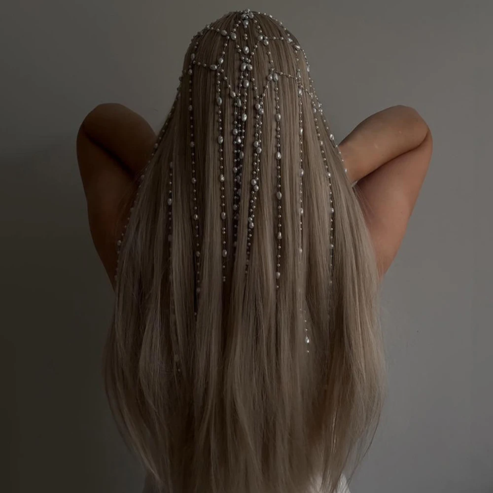 エキゾチックパールウォータードロップヘッドピース女性用スパークリングメッシュヘアネットエレガントなイブニングパーティープロムヘアアクセサリー