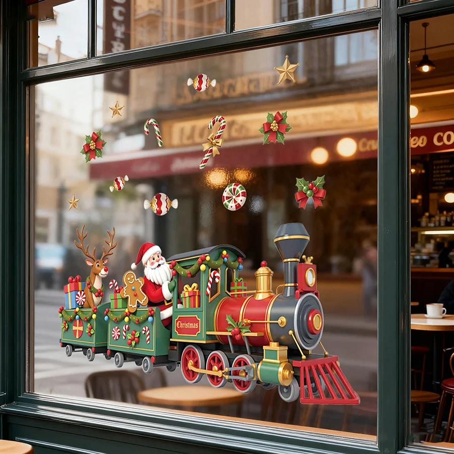 Große abnehmbare Weihnachtszug-Fensteraufkleber mit Weihnachtsmann-, Rentier- und Zuckerstangen-Dekorationen, PVC-Aufkleber, Feiertags-Party-Aufkleber