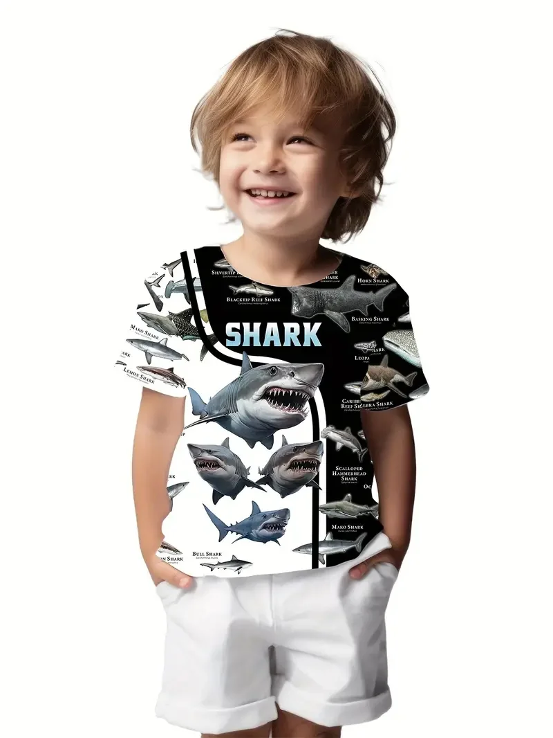 2024 Retro Shark 3d Print Top Tee Shirt Fashion T Shirt Animal Kids Boy Clothes Anime Short Sleeve Casual Children's Clothing