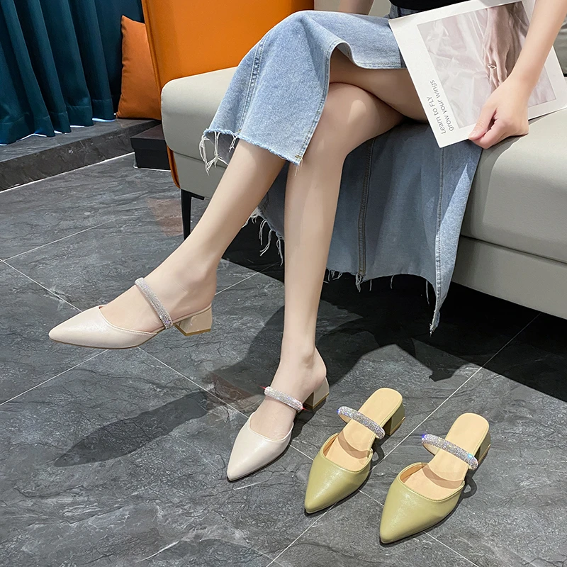 

Bling Shoes for Women Leisure Slippers Women Slides Mules Casual Square Mid Heels Covered Pointed Toe Slippers Plus Size