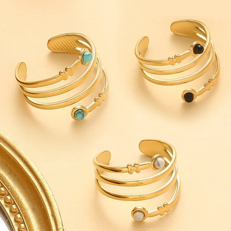 

Stainless Steel Natural Stone Opening Rings Personalized Popular Wide Version Hollow Women's Ring Wedding Jewelry Accessories