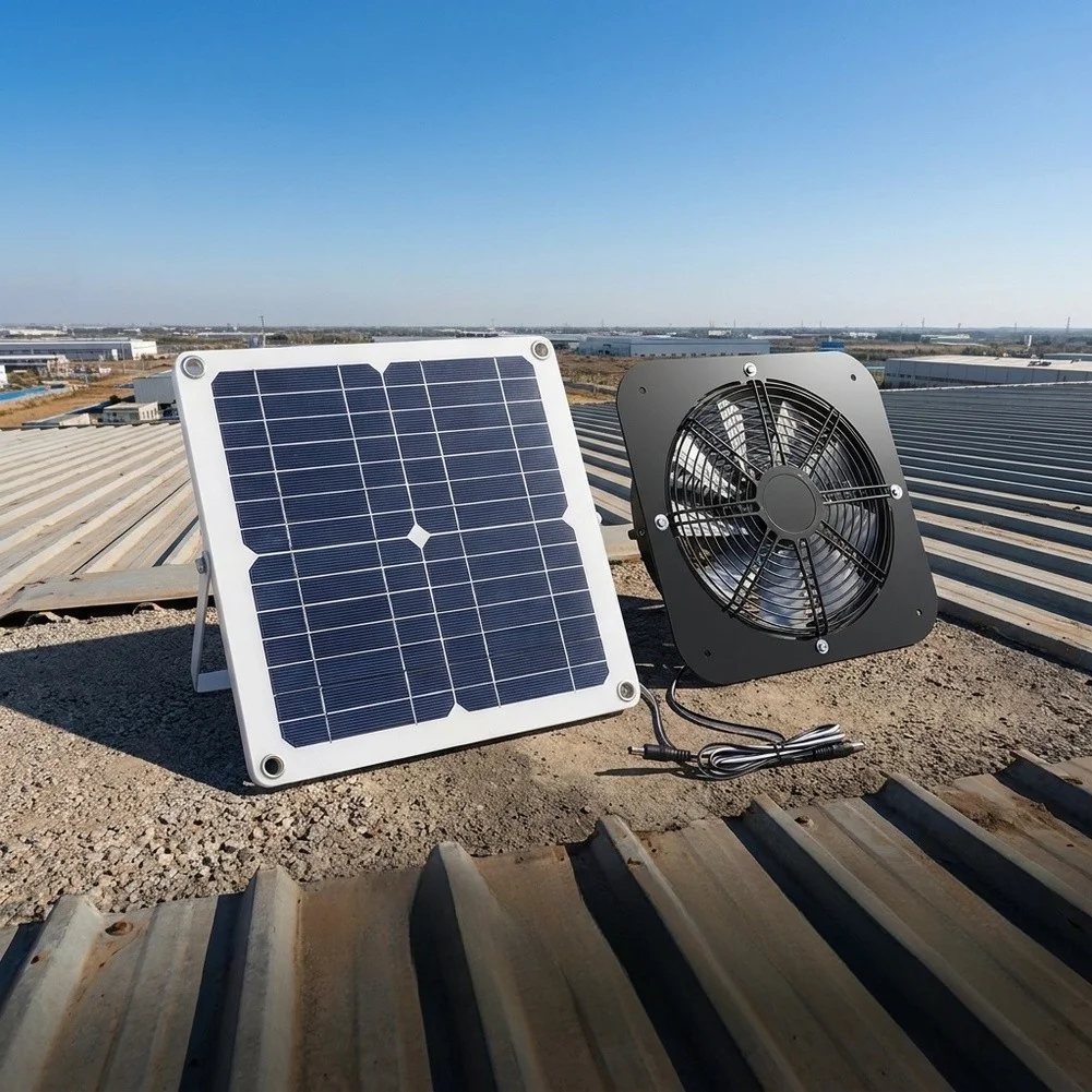 For Livestock Ventilation Black Solar Cooling Fan Solar Panel Cooling Fan Growatt Greenhouse Ventilator Weather Resistant Motor
