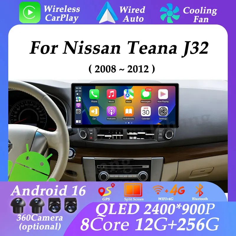Audio Carplay Auto Multimedia Player 12.3 inch for Nissan Teana J32 2008 - 2012 Android 16 Split Screen GPS Navi Head Unit DSP