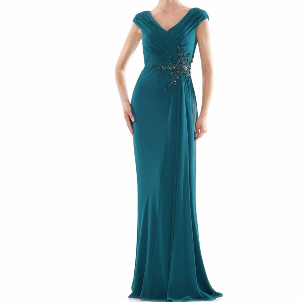 V Neck Chiffon Cap Sleeve Appliques Straight Zipper Back Sleeveless Floor Length Backless Elegant Luxury Evening Dress 2024