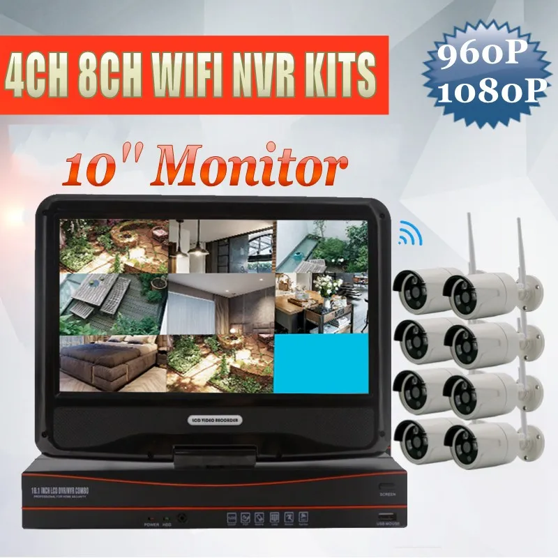 

4CH 8CH WIFI NVR Kit Wireless CCTV Security Camera System 10" Monitor 1.3MP 2MP Outdoor IP Camera P2P Video Surveillance Kits