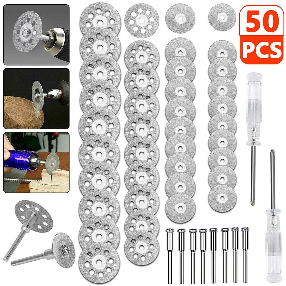 40Pcs Diamond Cutting Wheels (25mm/22mm/18mm/16mm Each 10) & 8Pcs 3mm Mandrel with 2 Screwdrivers for Dremel Rotary Tool