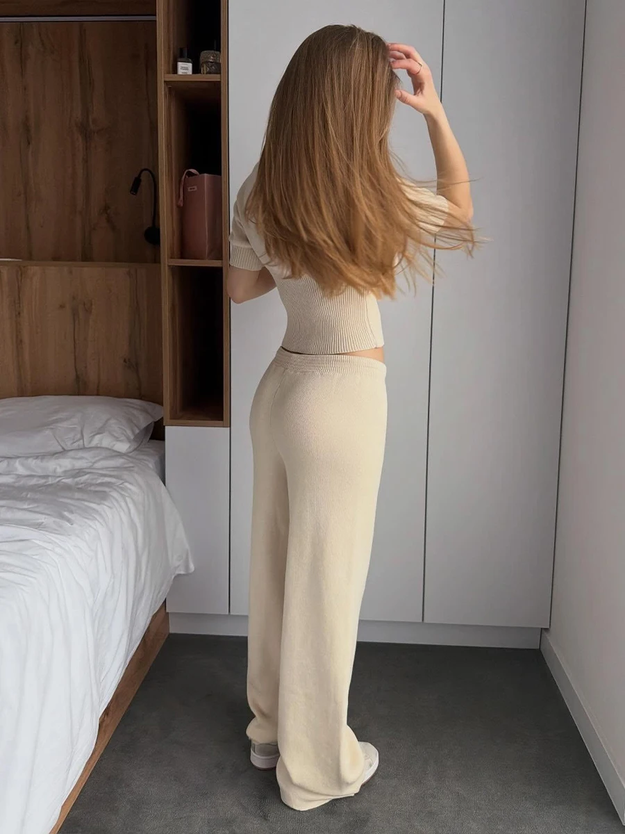 Sunuyoo Women's Ribbed Knitted Two-piece Zipper Open Top and Pants Set Casual Home Wear Suitable for Home and Street Wear
