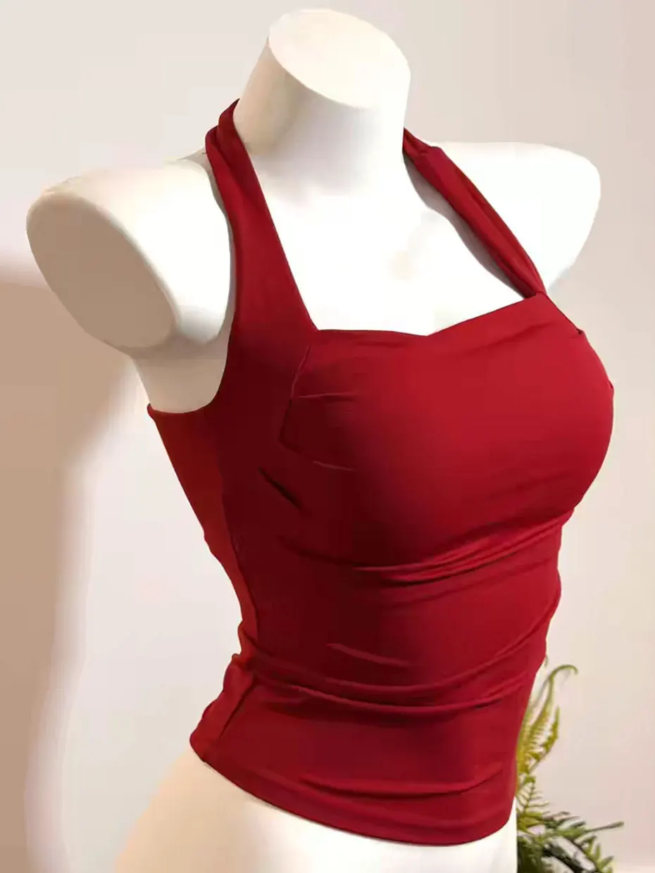 Red Hanging Neck Strap Vest Women's Yoga Sports Bra Integrated Inner Wear Top with Chest Pad Beautiful Back Design
