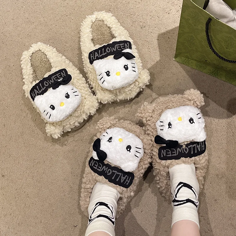 Hello Kittle Plush Slippers Cotton Slippers Fall and Winter Home Cute Couple Thicken Keep Warm The Cotton Slippers ChristmasGift