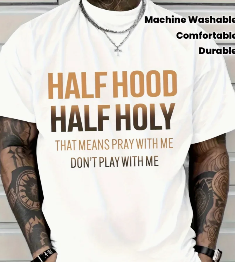 Camiseta de Hombre con Estampado 'Don't Play I Don't', Cuello Redondo, Manga Corta, Blanca con Detalles Marrones, Cómoda, Estilo Juvenil, para las Cuatro Estaciones