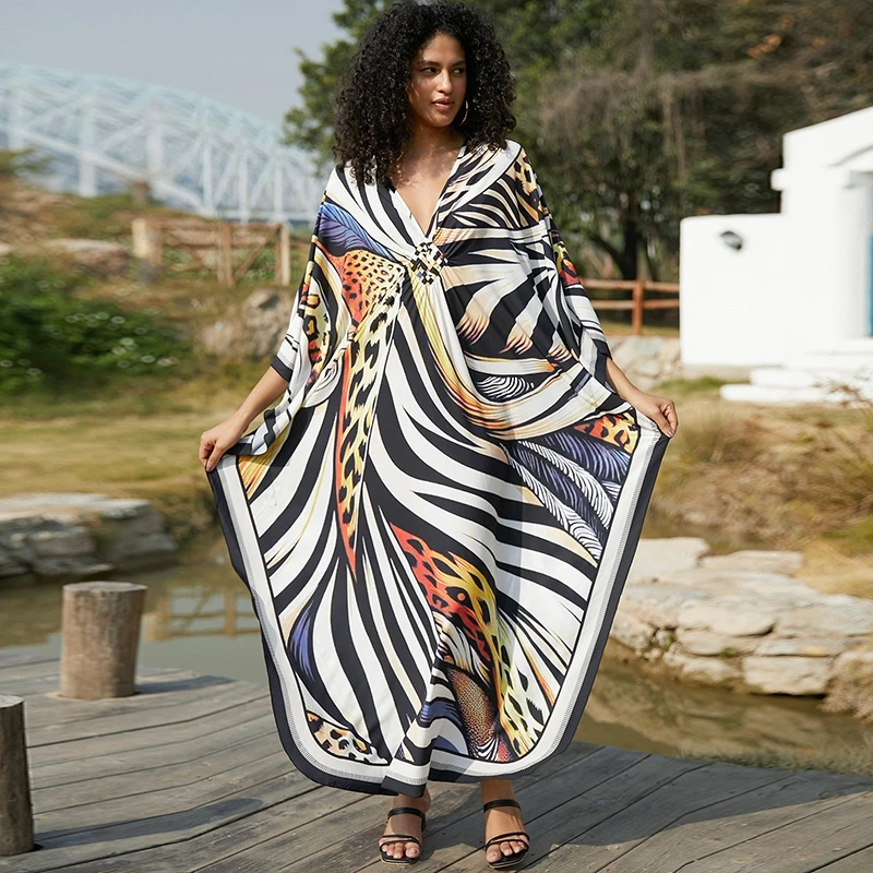 Butterfly Long Sleeve Kaftan V-neckline Tropical Fashion Chic Women Maxi Dress Dreamy Vivid Colorful Caftan Boho Loose Cover Ups