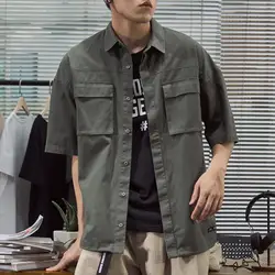 Camisa militar de manga corta con bolsillos para hombre, camisa de carga de Hip hop, Color sólido, botones sueltos, camisas de senderismo escolar