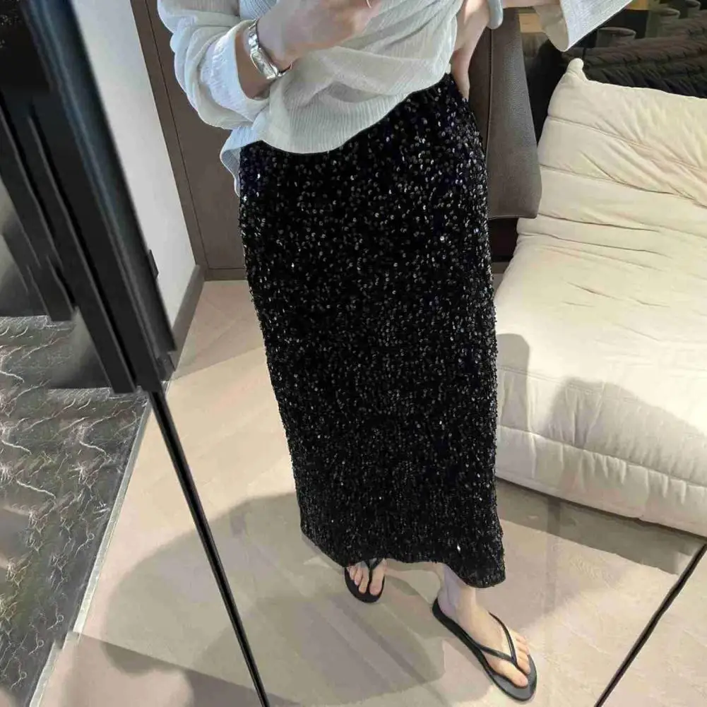 تنورة ناعمة قابلة للتنفس، تنورة طويلة أنيقة مزينة بالترتر للنساء بخصر عالٍ وتصميم بلون سادة، تنورة طويلة لتشكيل الساق