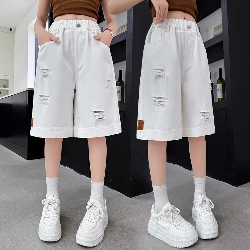 Elegant Kids Child Summer Ripped Denim Shorts for Girls Fashion Casual Knee Length White Jeans Pants with Holes 5 7 9 11 13 14 Y