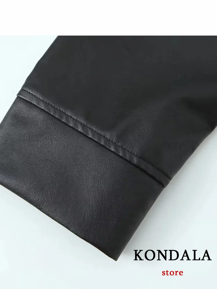 KONDALA Vintage Solid Women Leather Suit Black Single Button Pockets Jackets Straight Long Zipper Pants Fashion 2023 Autumn Sets