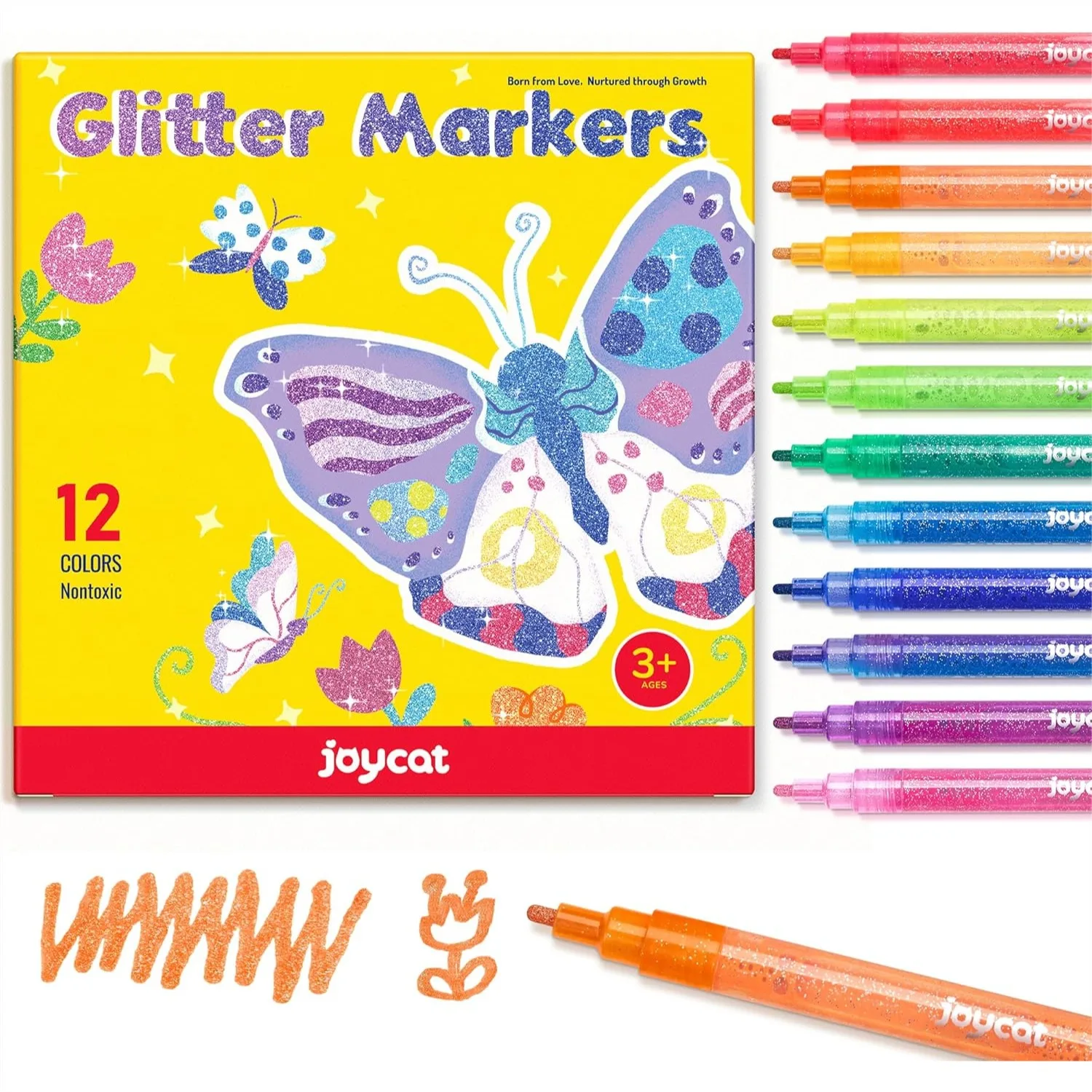 

Glitter Markers 3mm Medium Tip, 12 Vibrant Colors with 50% More Ink for Rock, Wood, Fabric & Glass - Non-Toxic Paint Pens for