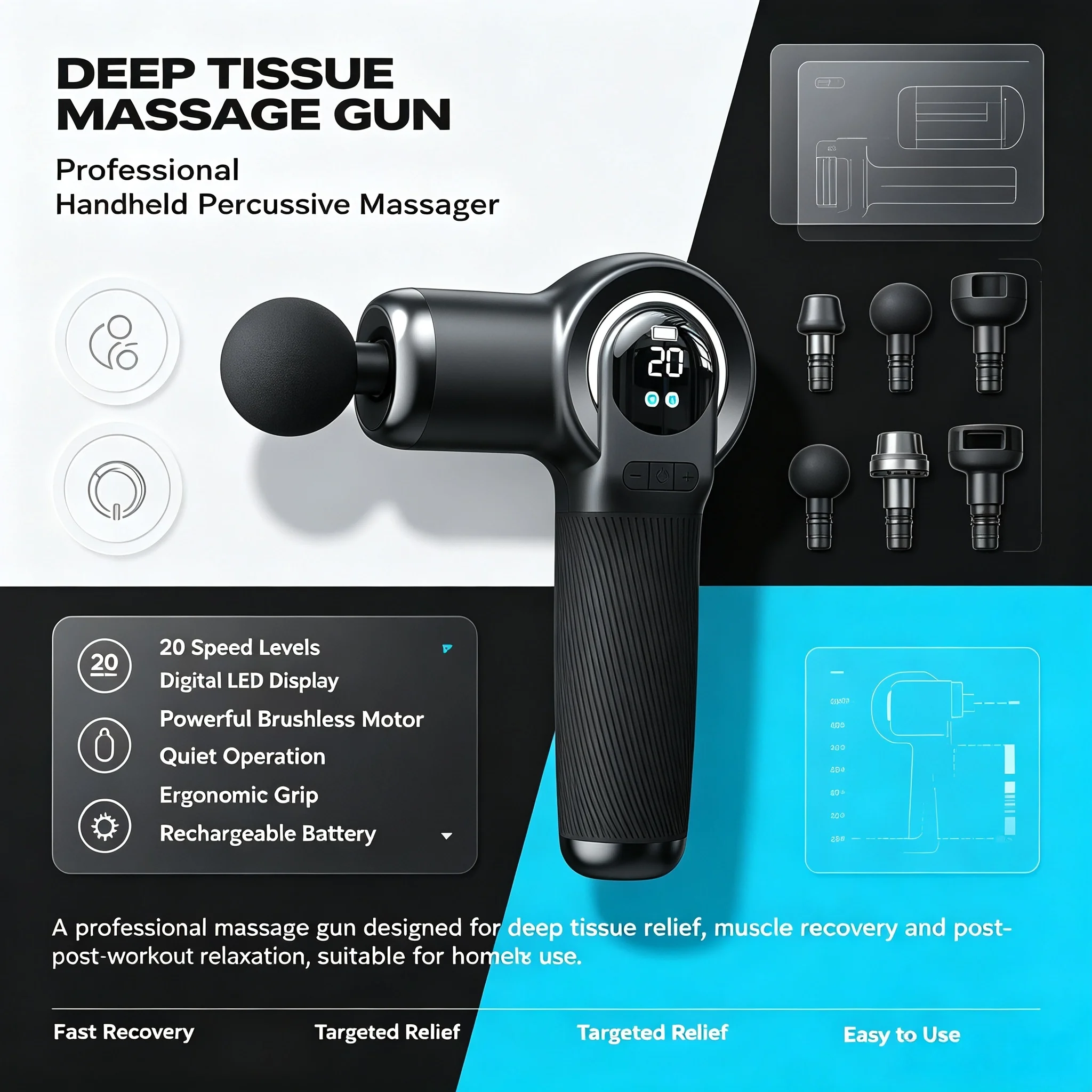

Portable Deep Tissue Massage Gun, USB Type-C Rechargeable Percussion Muscle Massager with 8 Massage Heads, Quiet Handheld Fascia Gun for Muscle Recovery, Pain Relief, Athletes & Home Use