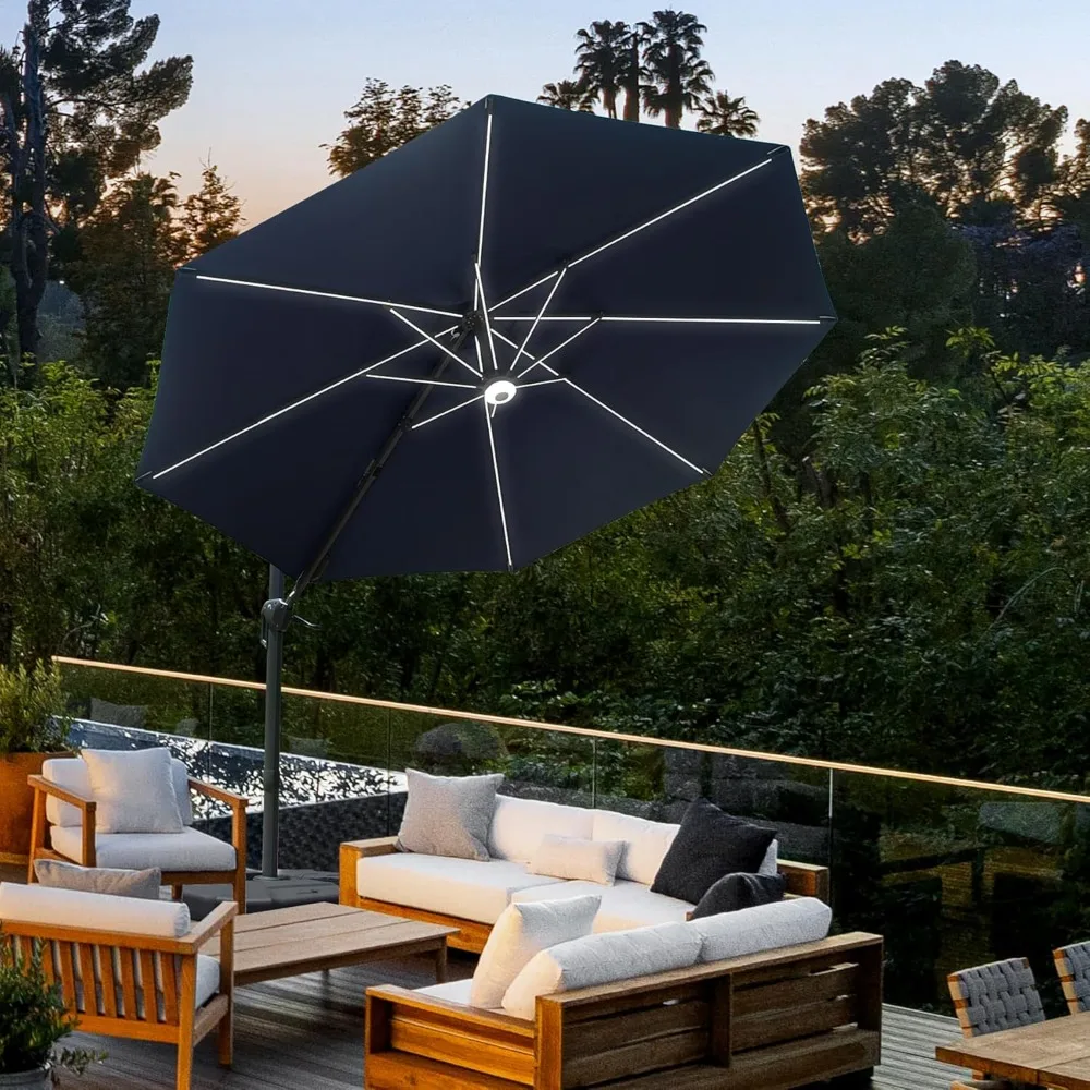 

10 FT Cantilever Patio Umbrella Solar Powered LED Round Deluxe Offset Umbrellas, with 360°Rotation, Outdoor Market Umbrella