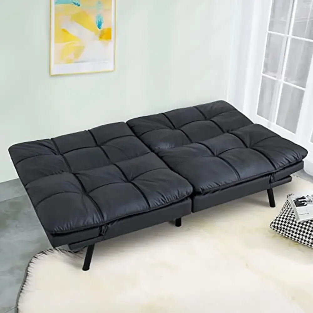 Sofá-cama Futon de espuma de memória de couro preto, encosto ajustável, espreguiçadeira pequena, sofá, espaços compactos