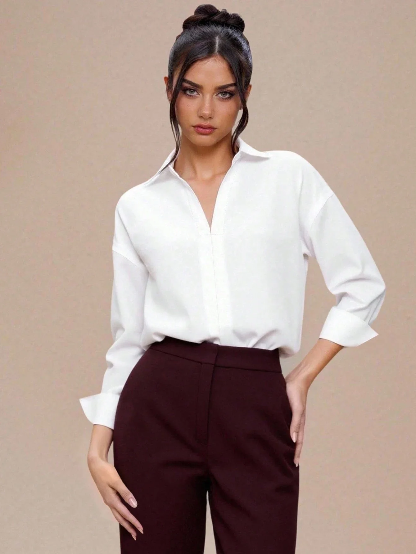 Body de camisa blanca minimalista informal de manga larga para mujer