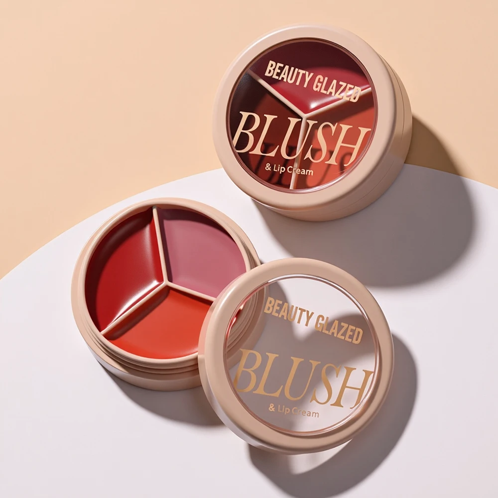 3-color blush palette-cream 2-in-1 multifunctional facial lip makeup, berry, pink, red waterproof